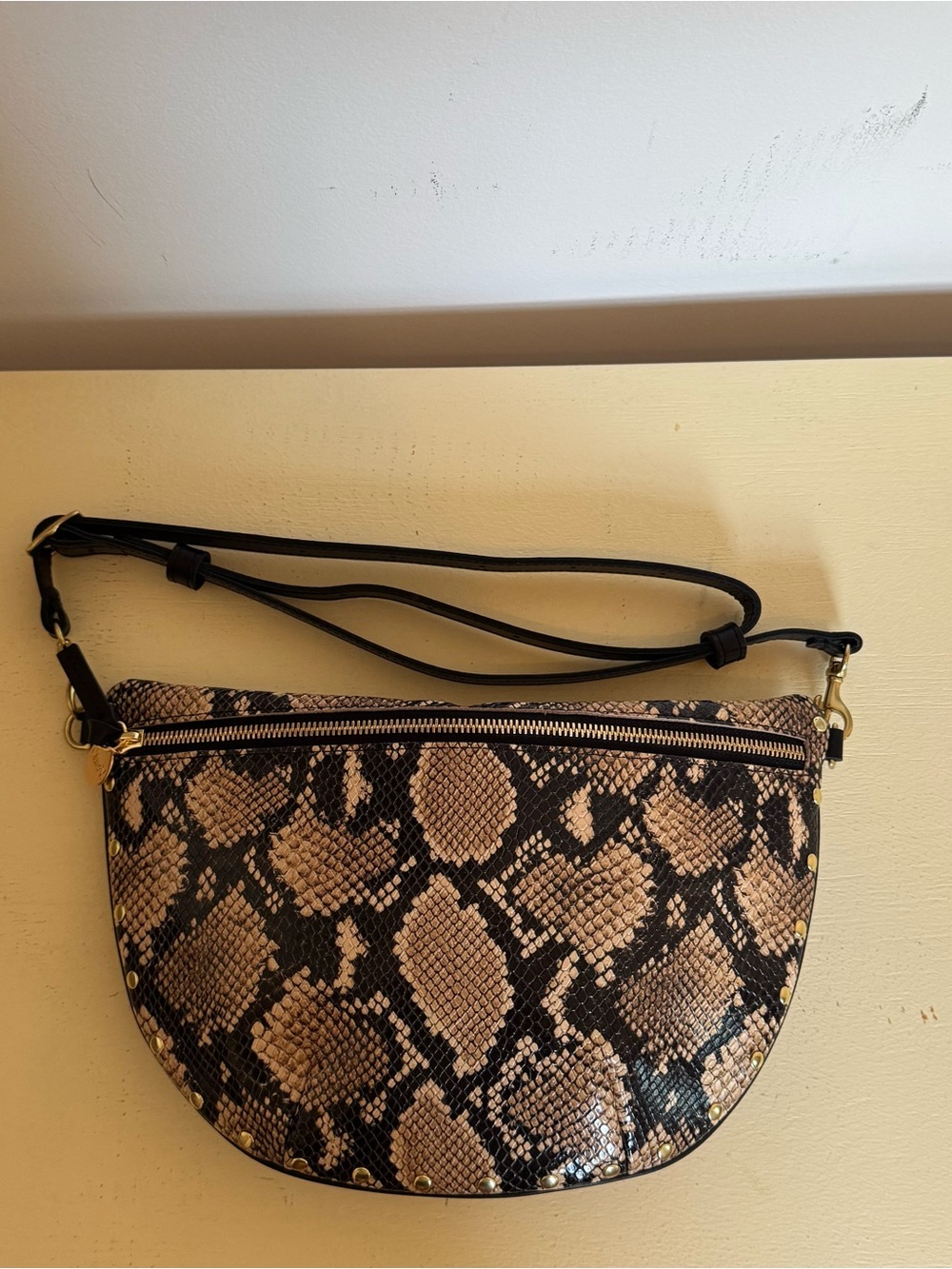 Clare V. Grande Fanny Snake-Print Crossbody Bag in Beige and Black